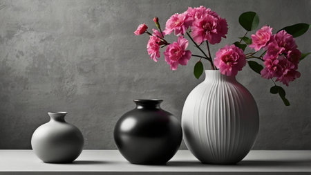 3d rendering vase with pink flowers on shelf in front of concrete wallの写真素材