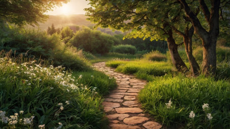 Pathway in the park at sunset. Nature background. Panoramic view.の写真素材
