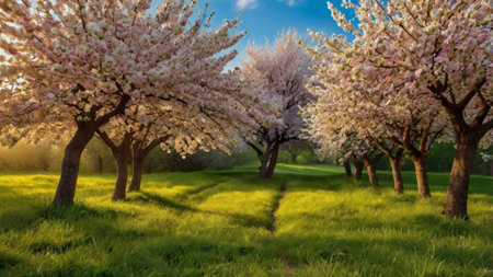 Cherry blossoms in bloom in the springtime. Spring landscape.の写真素材