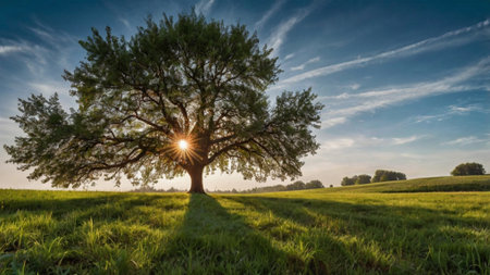 Sunset over an old oak tree in the middle of a fieldの写真素材