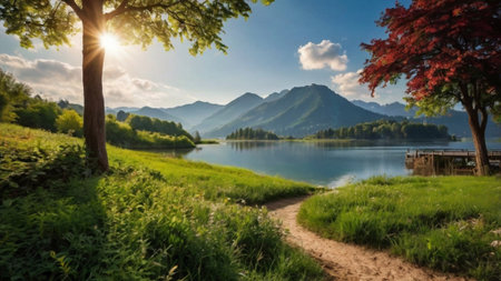 Panoramic view of the lake and mountains in Bavaria, Germanyの写真素材