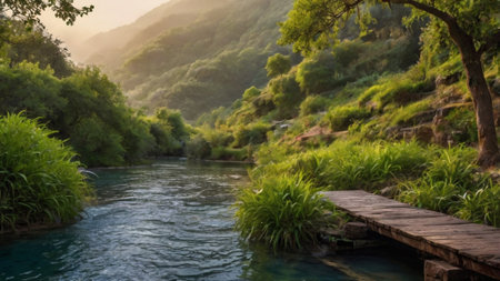 beautiful landscape of the river in the mountains with a wooden bridgeの写真素材