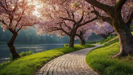 Cherry blossoms in full bloom along the banks of the riverの写真素材