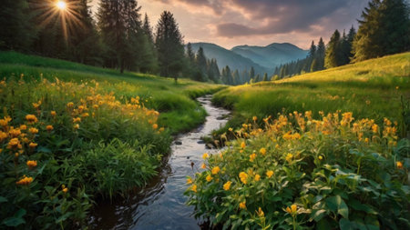 Mountain meadow with yellow flowers and a small river at sunset.の写真素材