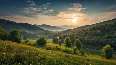 Panoramic view of foggy meadow in mountains at sunsetの写真素材