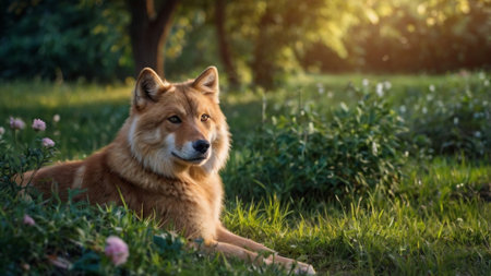 Shiba Inu dog lying in the grass in the park.の写真素材