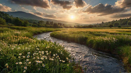 Beautiful sunset over the mountain river. Carpathians, Ukraineの写真素材