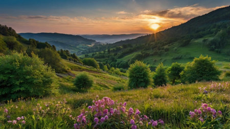 Beautiful sunset in the Carpathian mountains. Summer landscape.の写真素材