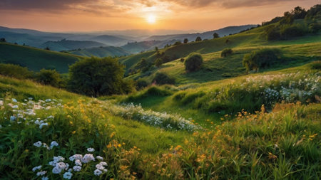 Beautiful sunset in the hills. Summer landscape.の写真素材