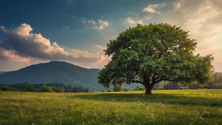 Lonely tree on a meadow in the Carpathian mountainsの写真素材