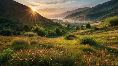 Beautiful summer landscape in the mountains at sunset. Ukraine, Carpathiansの写真素材