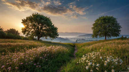 Beautiful summer landscape with blooming meadow and lonely tree.の写真素材