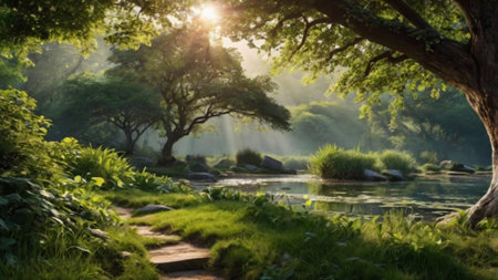 Beautiful landscape of forest and river in morning light with sunbeamsの写真素材