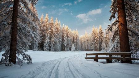 Wooden bench in the winter forest. Panoramic view.の写真素材