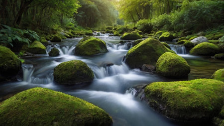 Mountain stream in the forest with rocks and green moss in summerの写真素材