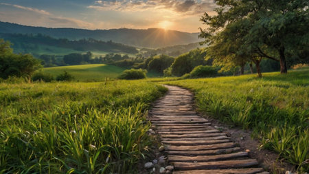 Sunset in the mountains with a wooden path leading to the sunの写真素材