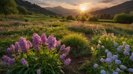 Sunset in the mountains. Beautiful summer landscape with purple flowers.の写真素材