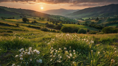 Sunset in the Carpathian Mountains, Ukraine.の写真素材