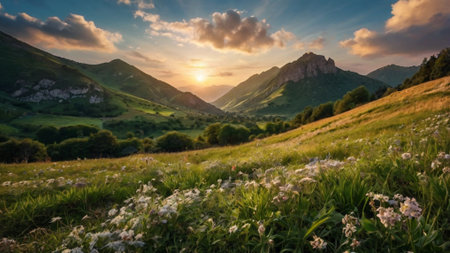 Sunset in the mountains. Beautiful summer landscape. Mountain meadow.の写真素材