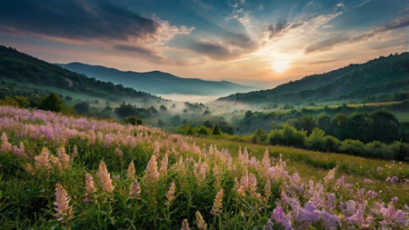 Beautiful summer landscape in the Carpathian mountains at sunset.の写真素材