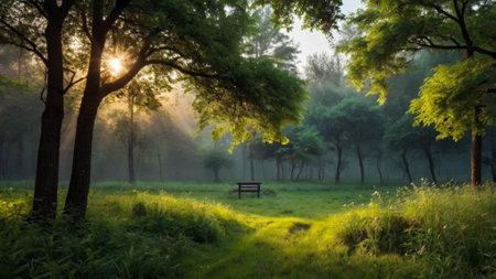 Sunrise in the morning in the forest with a bench and treesの写真素材