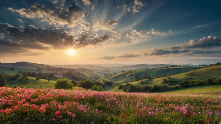 Beautiful summer landscape with pink flowers in the meadow on sunsetの写真素材