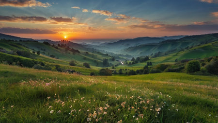 Sunset over rolling hills in Tuscany, Italy. Panoramic viewの写真素材