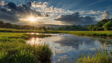 Sunset over the river in summer. Beautiful landscape with river and skyの写真素材