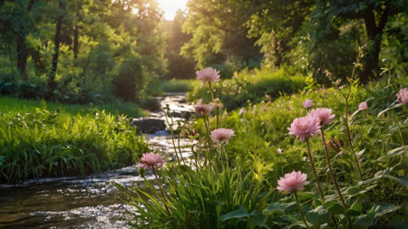 Beautiful summer landscape with a small river and pink flowers in the foregroundの写真素材