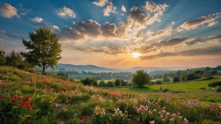 Sunset over the meadow and treesの写真素材
