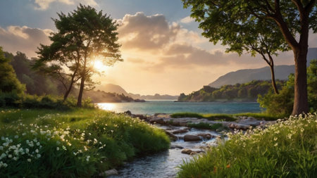 Sunset over the river in the summer. Beautiful nature scenery.の写真素材