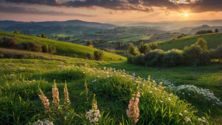 Sunset in Tuscany, Italy. Rural landscape with flowersの写真素材