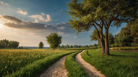 Panoramic view of a dirt road through a green meadow at sunsetの写真素材