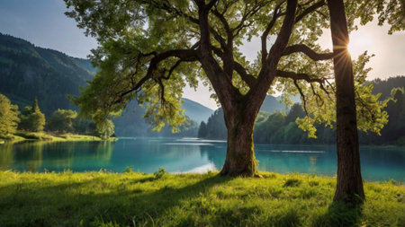 Idyllic summer landscape with turquoise lake and big treeの写真素材