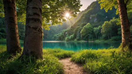 Beautiful view of the lake and the forest in the morning.の写真素材