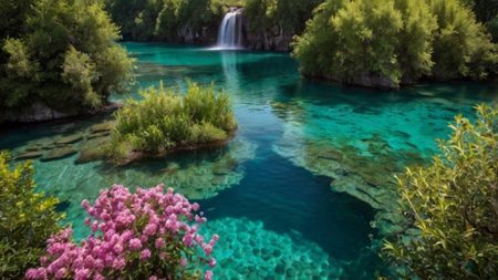 Plitvice Lakes National Park, Croatia. Panoramic view of turquoise water and waterfall.の写真素材