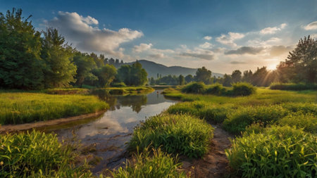 Panoramic view of river and forest at sunset. Beautiful summer landscape.の写真素材