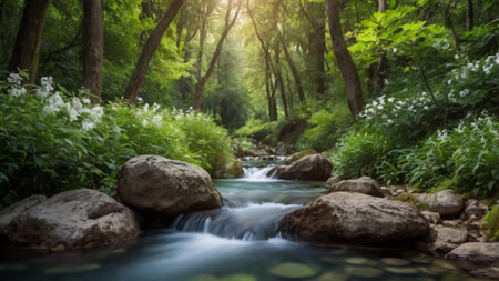 Landscape view of a mountain river flowing through the forest in summer.の写真素材