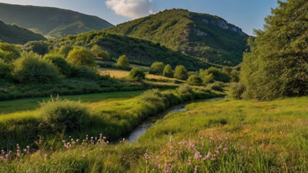 Panoramic view of the mountain river in the Carpathiansの写真素材
