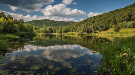 Beautiful summer landscape with a lake in the Carpathian mountainsの写真素材