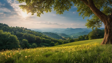 Beautiful landscape with green meadow and big tree on hillsideの写真素材