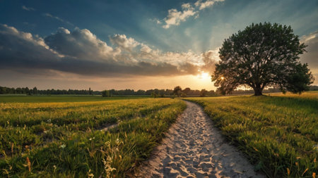 Sunset in a field with a tree in the foreground, panoramaの写真素材