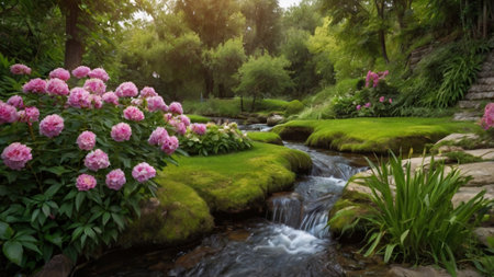 Beautiful summer garden with blooming pink peonies and a waterfallの写真素材