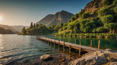 Wooden pier on the shore of the mountain lake at sunset.の写真素材