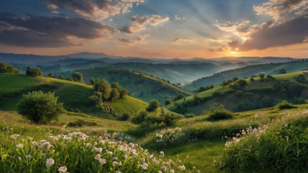 Sunset over the hills in the Carpathian Mountains, Ukraineの写真素材