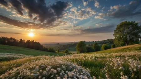 Sunset over the meadow with grass and flowers in the foregroundの写真素材