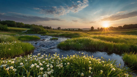 Beautiful sunset over the river in summer. Landscape with wildflowers.の写真素材