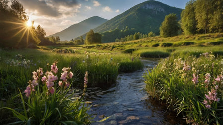 Beautiful spring landscape with a small stream in the mountains at sunsetの写真素材