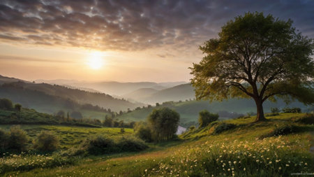 Panoramic view of sunset over the meadow in the mountainsの写真素材