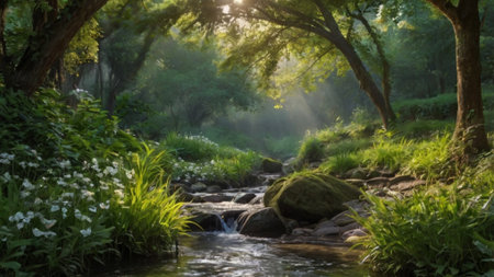 Landscape view of a river flowing through a lush green forest.の写真素材